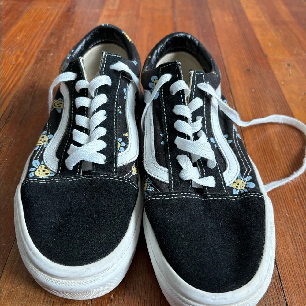 Kids Black Floral Smile Vans, 7